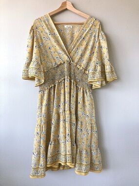 Max Studio Floral dress XL women’s mustard yellow dress bell sleeves